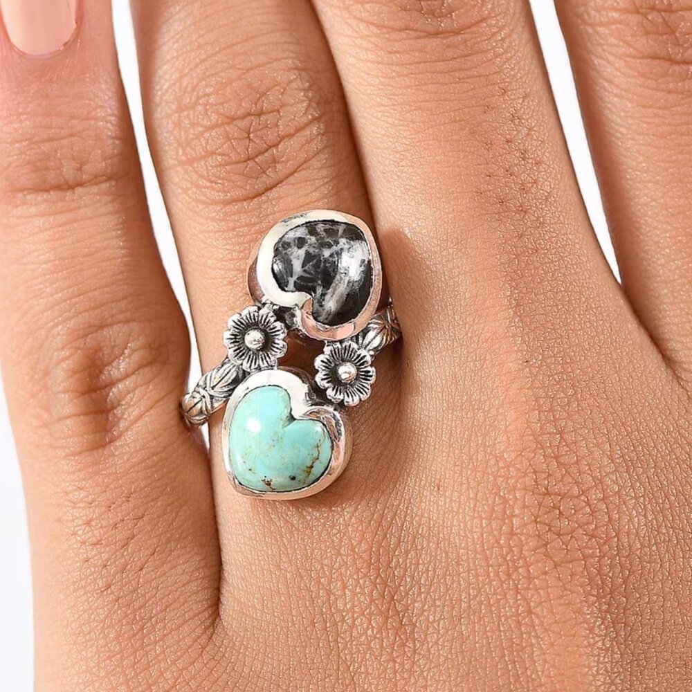 Artisan ✦ Tahoe Nevada Turquoise & White Buffalo Heart Ring ✦ 925 Bypass Size 7 - Picture 11 of 12